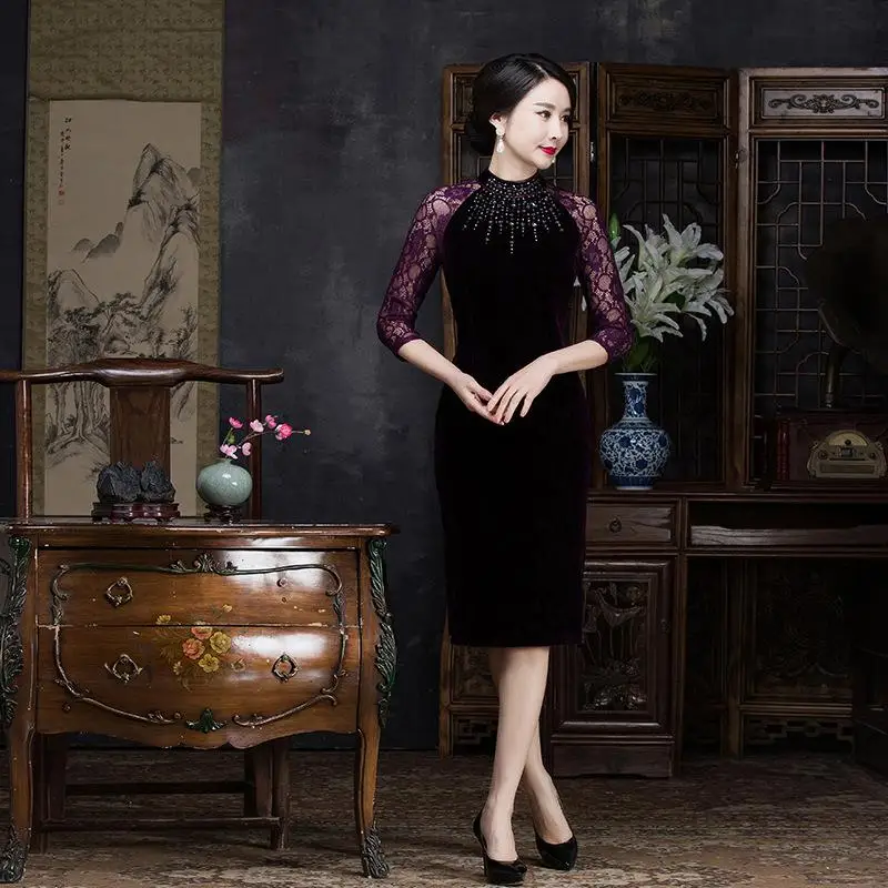 Кружевное пэтчворк перспективное женское Qipao сексуальное тонкое вечернее платье с высоким разрезом элегантное бархатное платье большого размера 3XL 4XK Cheongsam Vestidos - Цвет: Фиолетовый