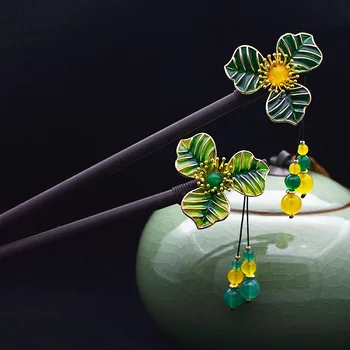 

New Vintage Chinese Wood Hair Stick Women Hair Accessories Handmade Leaf Flower Headpiece Hairpins Hair Ornaments Hair Jewelry