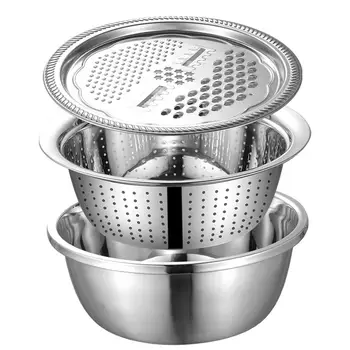 

3Pcs/Set Grater Strainer Sieve Basin Washing Bowl Set Vegetable Cutter Stainless Steel Kitchen Tool for Knead Dough Salad