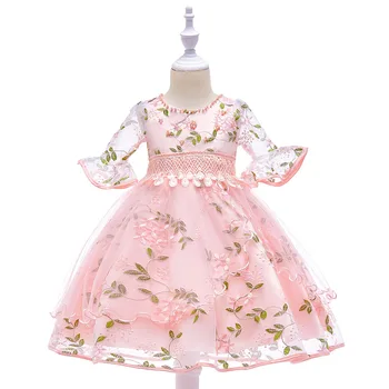 

Flower Half Sleeves Formal Dress for Girls Children Clothes Birthday Party Pearls Ruffled Evening Wedding Dresses Costume L5015