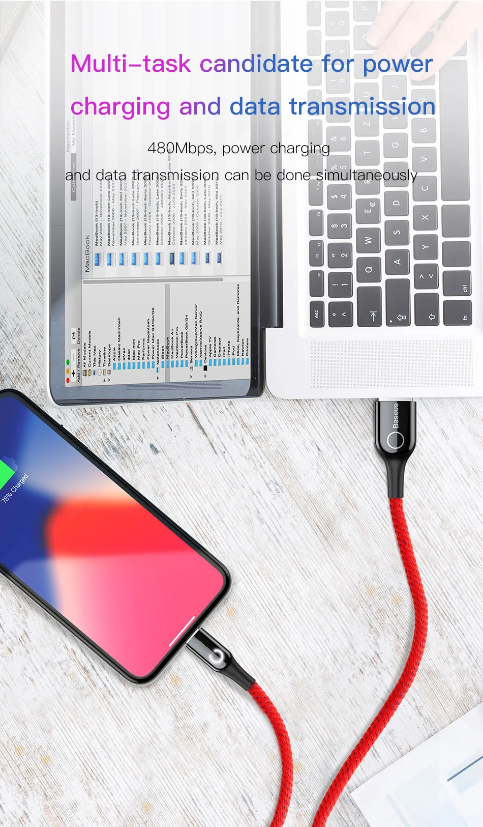 Светодиодный usb-кабель Baseus для iPhone XS Max, XR, X, 8, 7, 6, 6S Plus, SE, автоматическое отключение, 2.4A, кабель для быстрой зарядки, кабель для передачи данных
