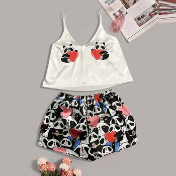 

Women Print Pajamas Set Two Pieces Set Sleeveless Camisole Loose Elastic Waist Shorts Women Homewear Fashion Summer Pijama