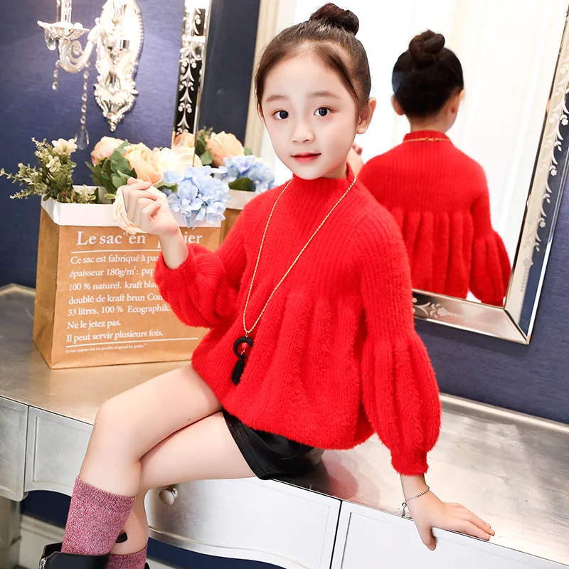

Fashion Girls Lantern Sleeve Sweaters Solid Color Winter Warm Sweater For Girls Kids Knitted Sweater Girls Clothing SW14