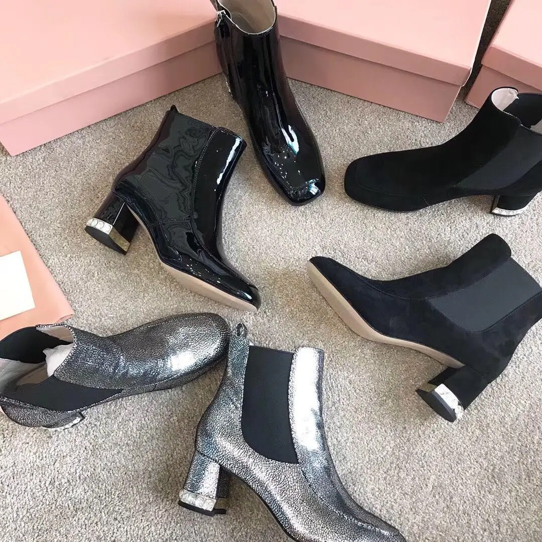 Hot Genuine Leather Boots Women Classic Shoes Woman Crystal Decor Heel Women Shoes Round Toe Ankle Boots Leisure Round Heels