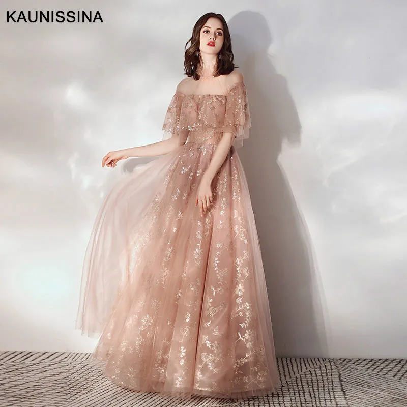 KAUNISSINA, элегантное вечернее платье, Длинные вечерние платья, короткий рукав, аппликация, тюль, длина до пола, вечерние платья для женщин
