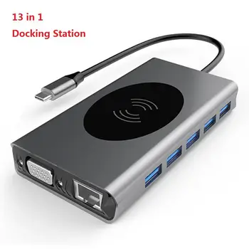 

13 in 1 Docking Station Multi USB Type C to USB3.0 VGA RJ45 HDMI PD Audio3.5 TF 10W Wireless Charger Hub Adapter USB Splitter