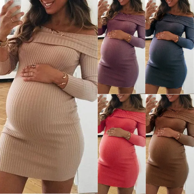 Pregnant Dress Woman Solid Color Shoulderless Clothes Plus Size S/M/L/XL/2XL Maternity Long Sleeve Dress Cute Premama Clothing