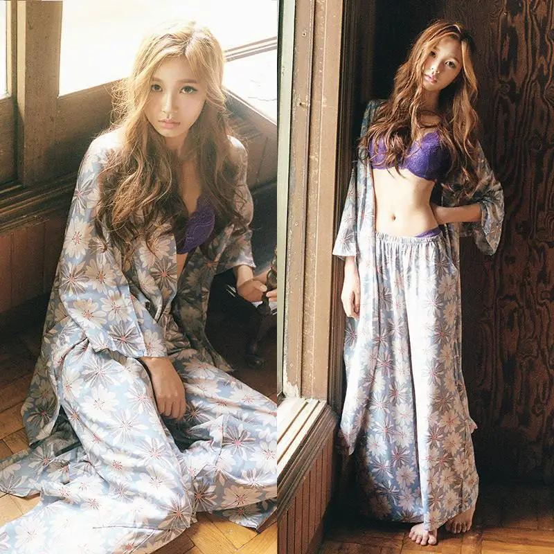 

South Korea Daisy Pajamas Women's Spring And Autumn Printed Camisole Loose Pants Women's Robes Three-piece Set-Home Wear