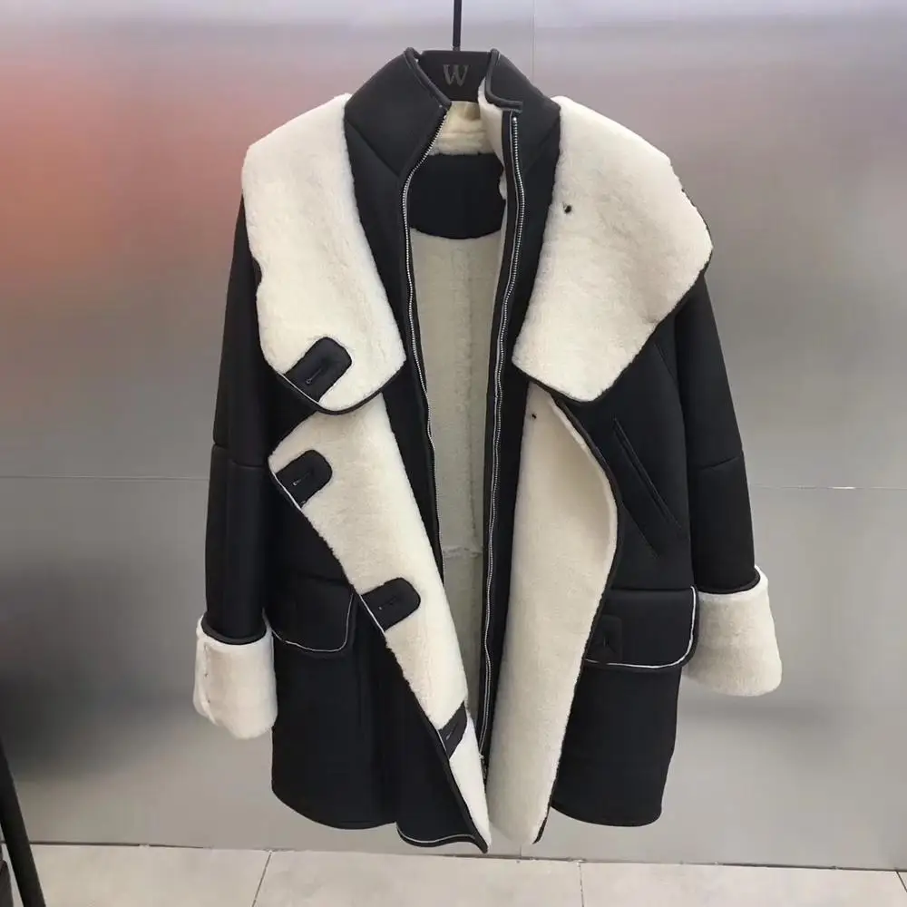 Женская куртка из натуральной кожи размера плюс, пальто из натурального мериносового овечьего меха, женское длинное пальто с капюшоном, модное женское пальто - Цвет: Black