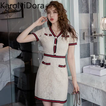 

New Fashion 2020 summer Party Dresses Women Short Sleeve Hollow Out Color Black Patchwork Lace Mini Dress Vestidos robe femme