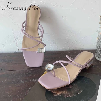 

Krazing pot leisure office lady high quality new narrow band diamond flilp flop med square heel slip on mules summer sandals L05