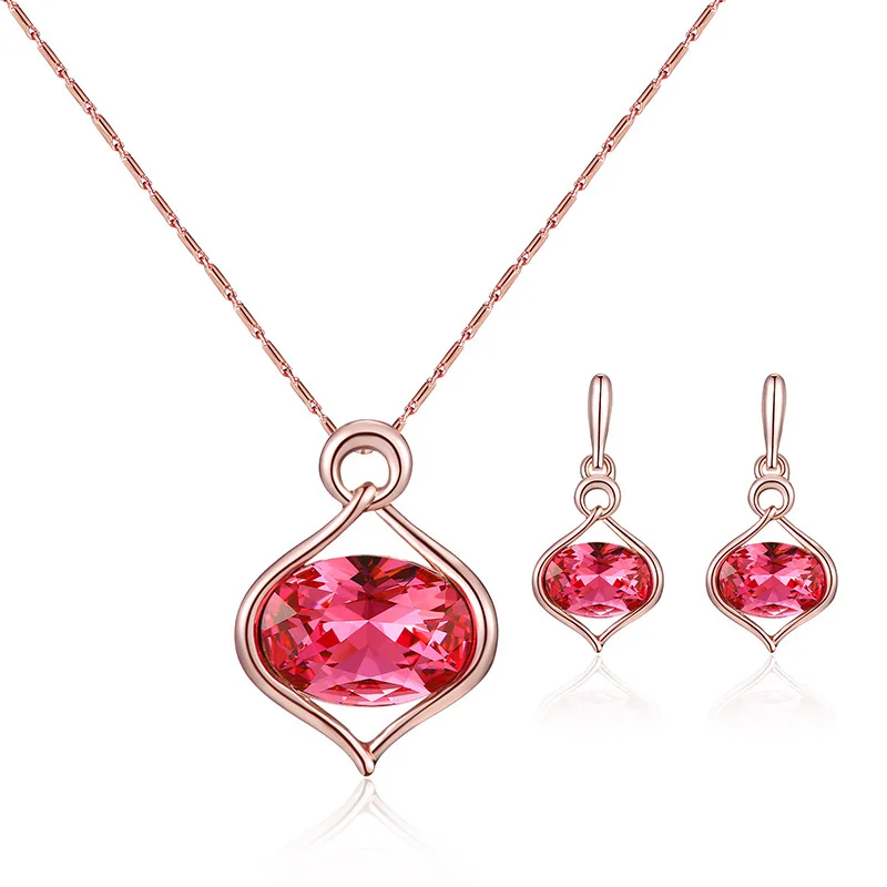 

European and American fashion simple polychrome oval crystal earrings necklace set alloy plating glass jewelry set jewelry sets