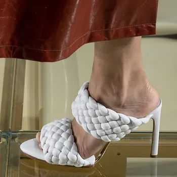 

2020 NEW Women White Leather Summer Sandals Weave Design Lady High Heels Slippers Shoes Woman Green Outside Sandalias Femmes