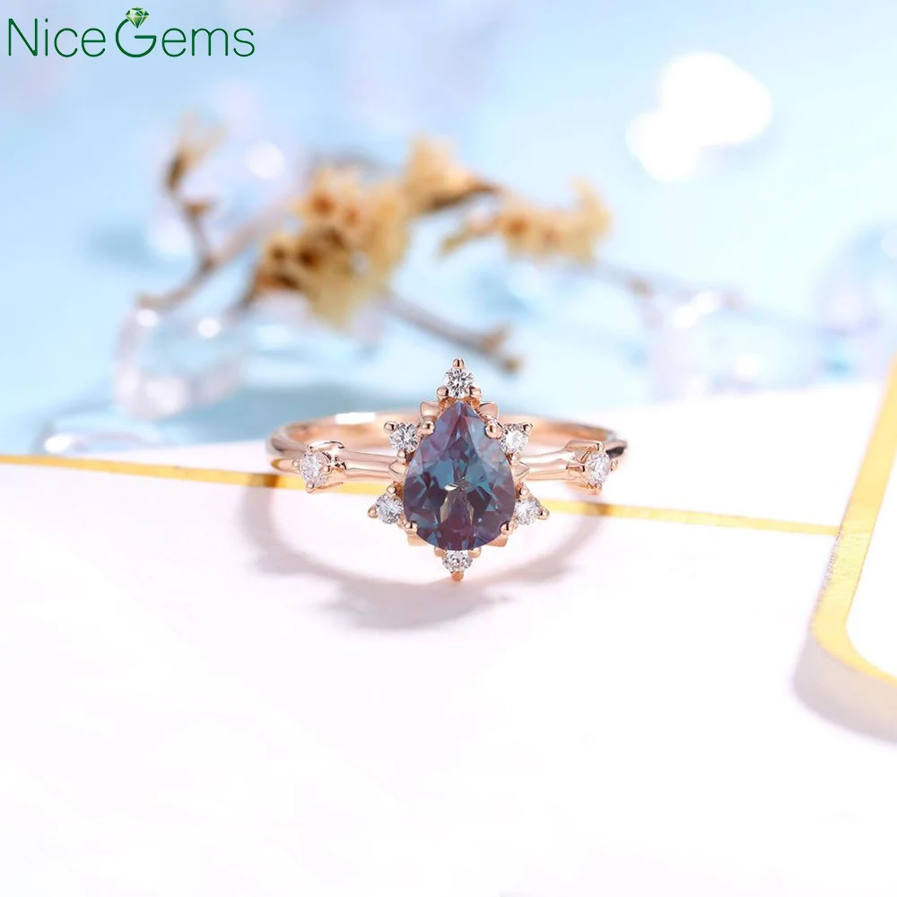 

NiceGems Solid14K розовое золото Александритовое обручальное кольцо жемчужная огранка свадебное Винтажное кольцо с муассанитом акцент арт-деко юбилей
