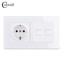 COSWALL настенная розетка стандарта ЕС+ 2 комплекта Интернет данных компьютера RJ45 CAT5E Разъем закаленное стекло панель