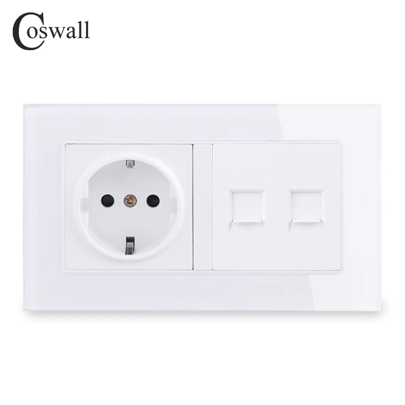 Tanie COSWALL standard ue gniazdo ścienne + 2 Gang komputera z dostępem do internetu danych RJ45 CAT5E złącze panel ze szkła hartowanego