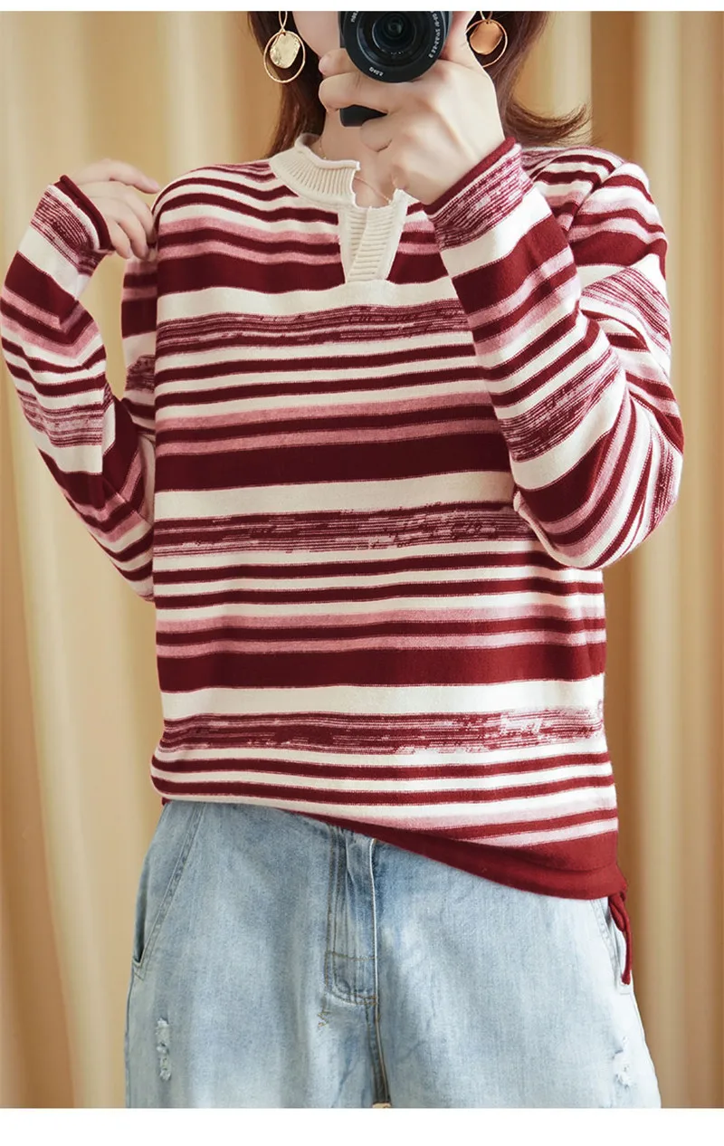 Женский свитер в полоску GCAROL, вязаный разноцветный джемпер с V-образным вырезом, трикотажный пуловер большого размера, джемпер радужного цвета размера 2XL для осени и зимы