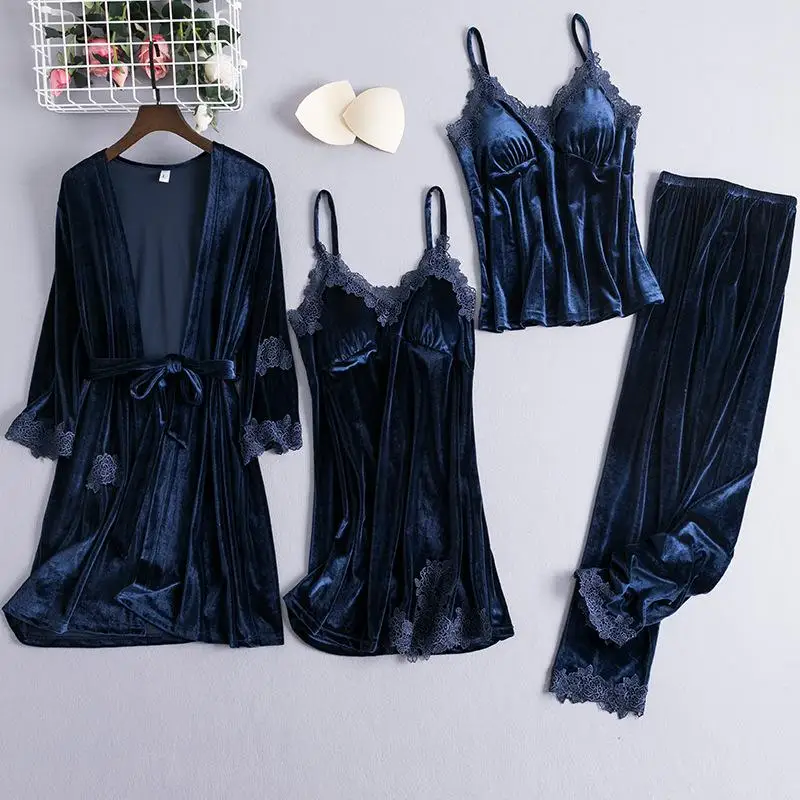 Кружевное лоскутное женское кимоно, халат, платье, ночная рубашка, сексуальная бархатная ночная рубашка, пижама, Классическая бордовая, 4 шт., халат, костюм, домашняя одежда - Цвет: Navy Blue 1