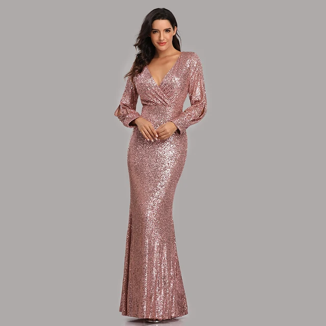 Sexy V-neck Mermaid Evening Dress Long Formal Prom Party Gown Full Sequins long Sleeve Galadress Vestidos Women Dresses 2021 Pink