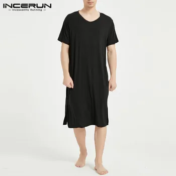 

INCERUN Leisure Sleep Robe Men Summer Short Sleeve V Neck Sleepwear Casual Cotton Solid Color Nightwear Knee Length Homewear 3XL