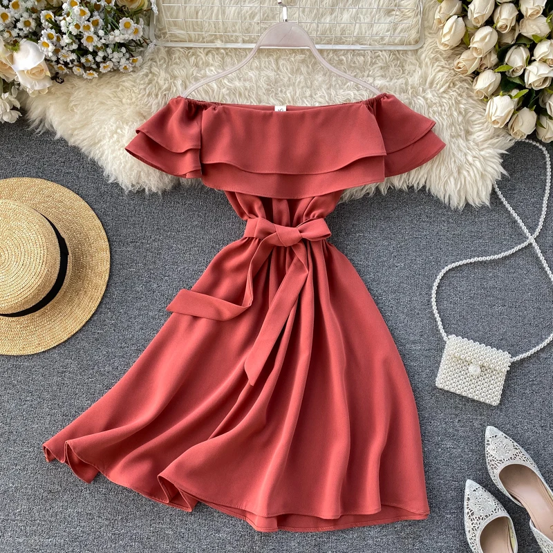 SINGRAIN Summer Women Off Shoulder Dress Bohemian Romantic Ruffle Sundress Party Holiday A-Line Retro Solid Chiffon Beach Dress