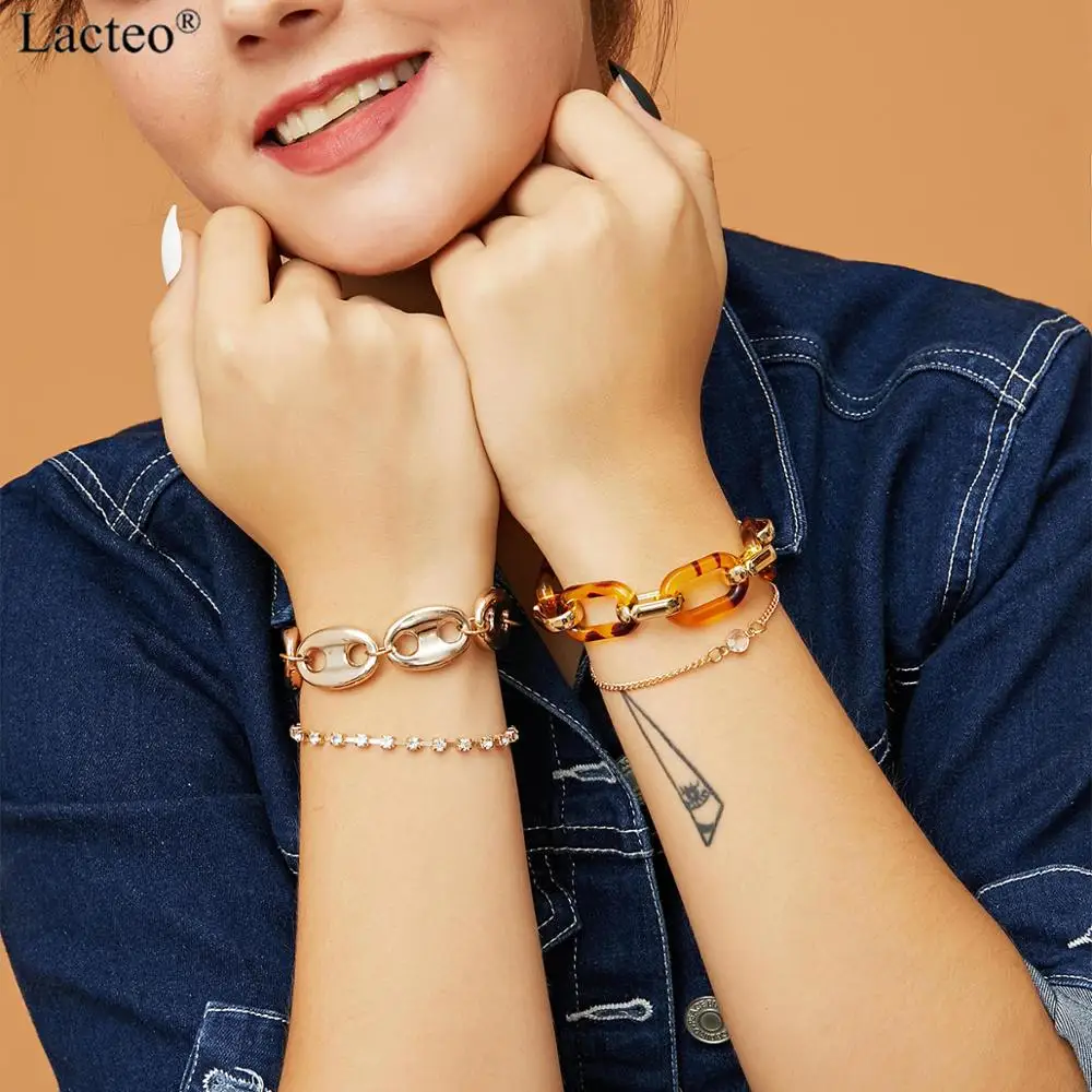 Lacteo Винтаж 4 шт./компл. Стразы Серебряная цепочка браслет ювелирные изделия для Для женщин модный детский костюм леопардовой расцветки; смолы цепи браслеты с подвесками