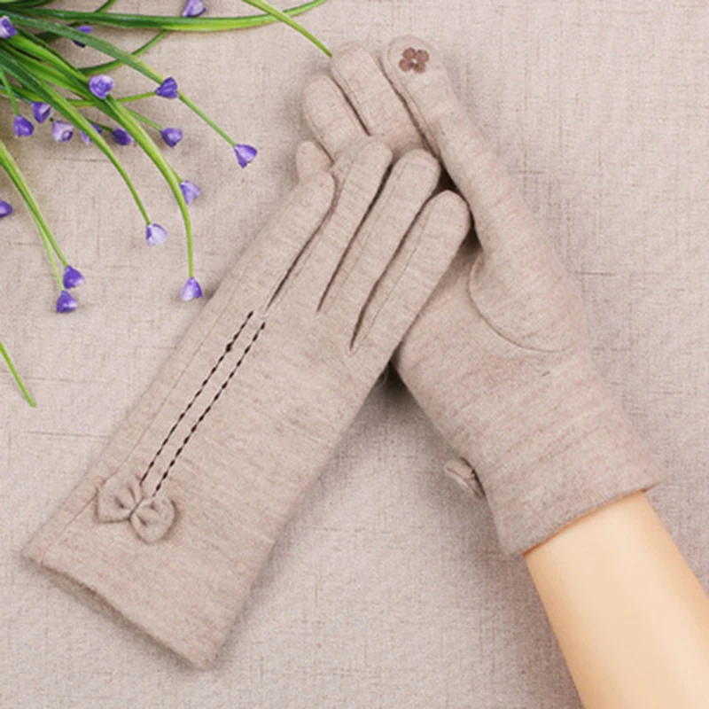 

Women Winter Wool Velvet Knit Thicker Plush Warm Touch Screen Driving Mittens Female Bow Cashmere Embroidery Cycling Gloves H99