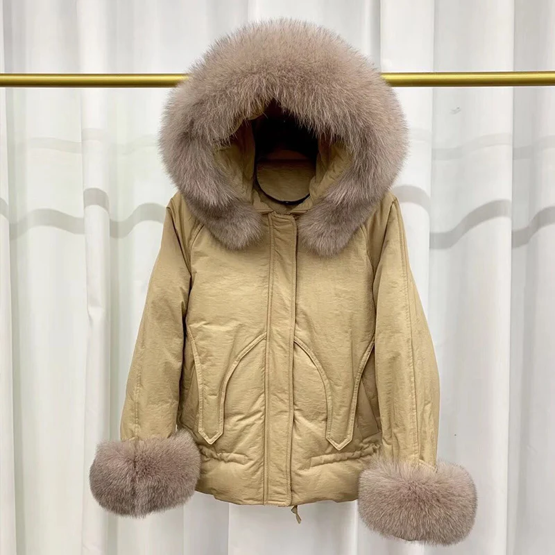 

Large Natural Fox Fur Collar Duck Down Parkas Winter Jacket Women Short Hooded Down Coat Female Loose Snow Outwear