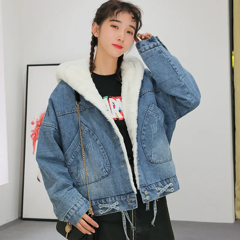 

Winter Jeans Coat Women's New Style 2019 Cowboy Cotton Coat Short Hooded Korean-style Loose-Fit Cotton-padded Clothes