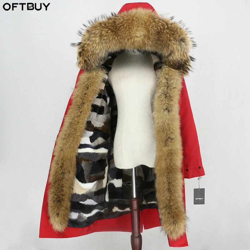 Женская меховая парка OFTBUY черная непромокаемая длинная теплая из натурального