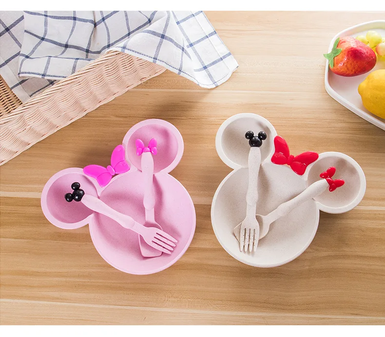 

Wheat Straw Baby Dinner Bowl children cartoon tableware set kid dinner plate baby training Bowl spoon fork for dropping opp pack