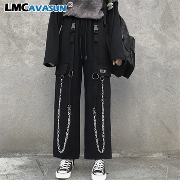 

Vintage high street iron chains big pockets high waist pants Casual loose elastic waist hip hop straight pants women men