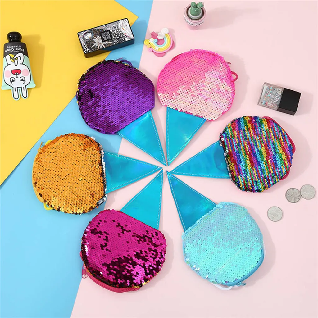 

Ladies children coin purse stitching multicolor sequins cute ice cream purse round storage diagonal wallets