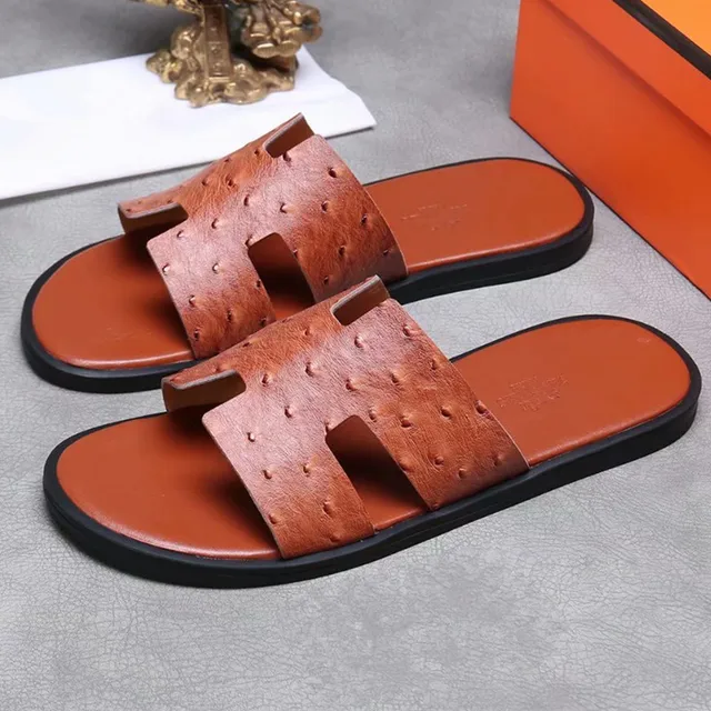 Leather H Design Men Slippers Sandals Beach Shoes Men Outside Slides  Fashion Street - Men's Slippers - AliExpress