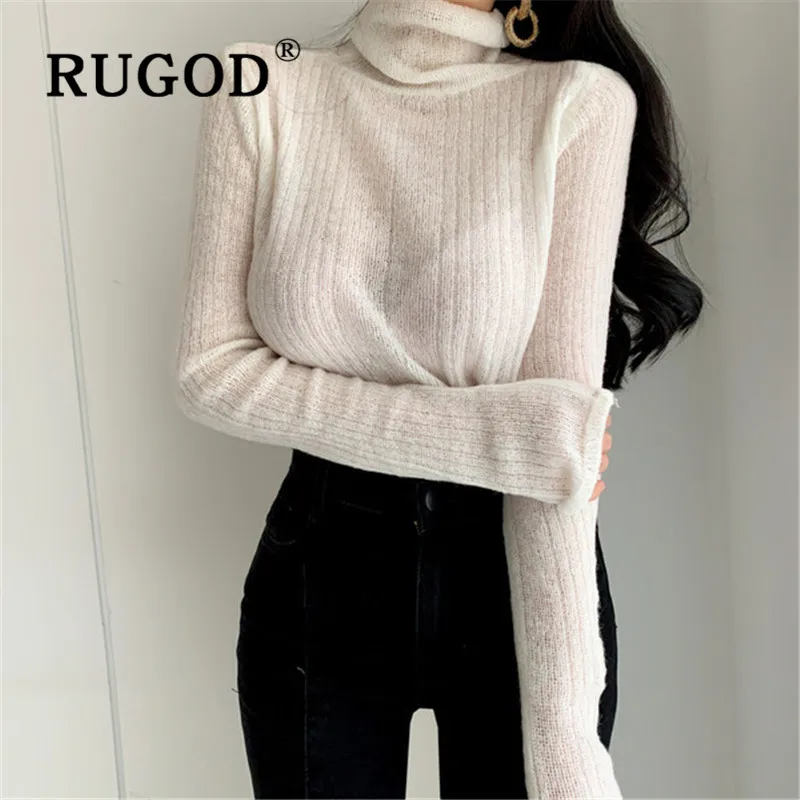 RUGOD корейский мягкий однотонный трикотаж для женщин свитер с высоким воротом теплый тонкий вязаный пуловер Новая Осенняя мода Повседневная Женская туника