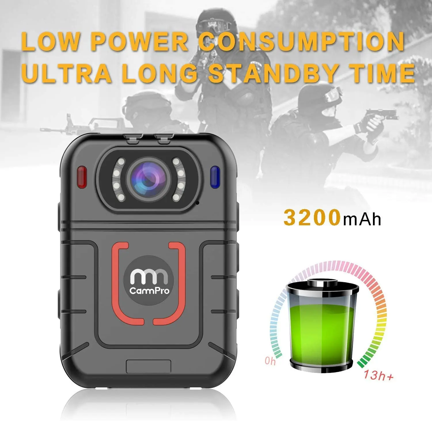 CammPro M831 HD 1296P Police Body Camera 64GB 13 Hours Recording Wearable Camera Night Vision Security Guard Personal Recorder