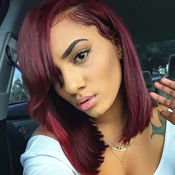 

Wine Bob Synthetic Lace Front Wig For Women Wine Colored Party Wear Wig With Baby Hair High Temperature Fiber Hair ForWomen