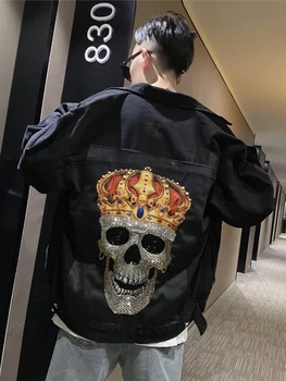 

Mens Black Denim Jacket Male Korean Version New Arrival Men's Autumn Hip Hop Loose Jackets Male Skulls Printed Coat Outwear