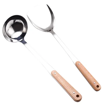 

2pcs Kitchen Utensils Set Wooden Handle Soup Scoop and Turner Stainless Steel Cookware