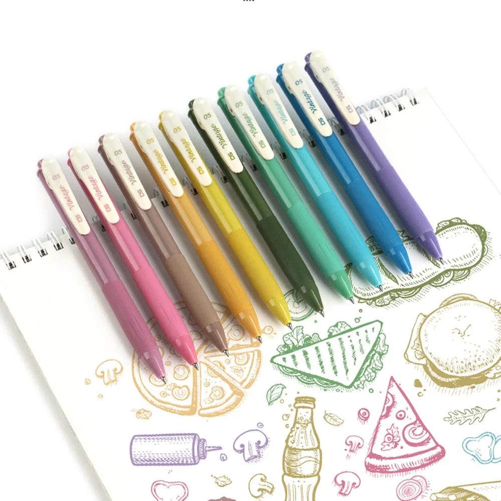 1Pcs Morandi Retro10 Color Retractable Color Gel Pens Set Quick Dry 0.5mm Soft Rubber Grip Bullet Tip Retro Pens