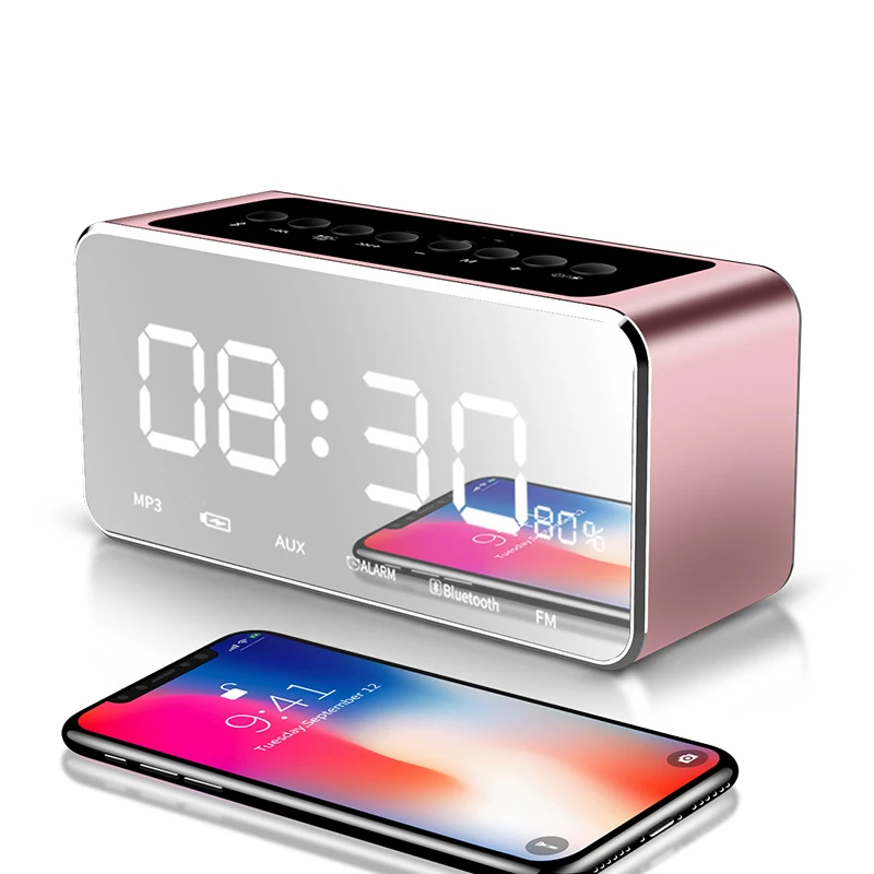 Rose gold Беспроводной Bluetooth динамик или сабвуфер стол Повтор зеркальные часы большой номер дисплей настольный светодиодный цифровой будильник - Цвет: Rose gold