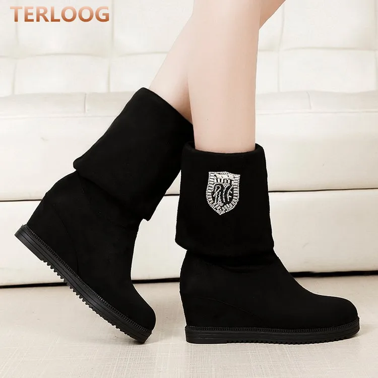 

new winter women Casual Flats Increase within boots women shoes Round Toe Flock Winter warm Mid-Calf snow boots woman botas X799