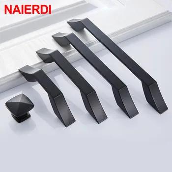 NAIERDI Black Cabinet Handles Knobs Zinc Alloy Door Kitchen Knobs Brushed Cabinet Pulls Drawer Modern Furniture Handle Hardware