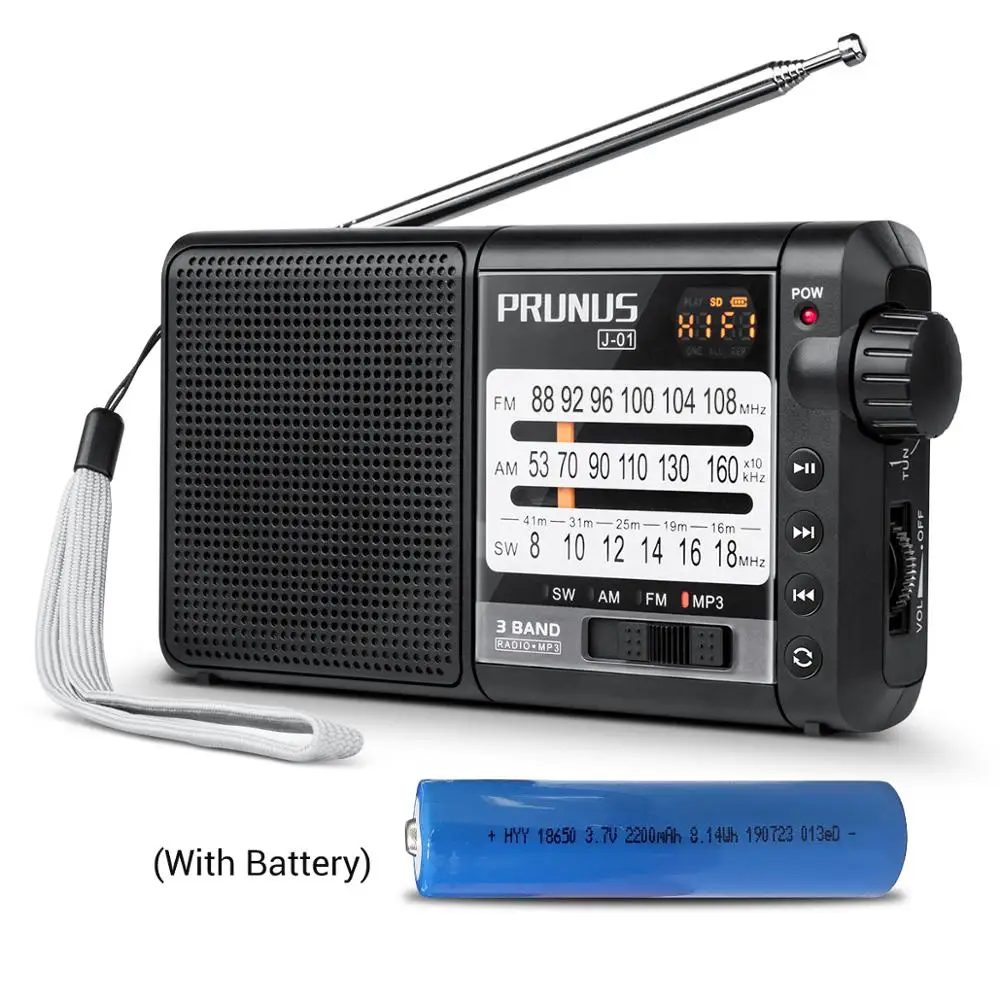 PRUNUS портативный Радиоприемник AM FM/SW Ретро коротковолновое радио AUX/TF карта MP3 Воспроизведение перезаряжаемое радио с DSP 2200mAh батареей - Цвет: With Battery