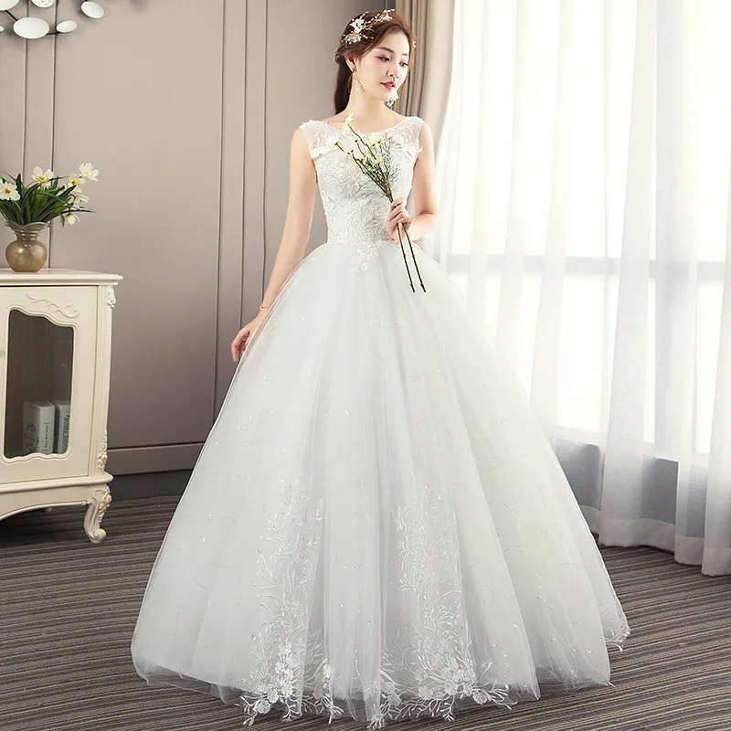 Feerijt 2020 New Classic O Neck Sleeveless Simple Wedding Dress Beautiful Lace Flower Princess Bride Vestido De Novia | Свадьбы и