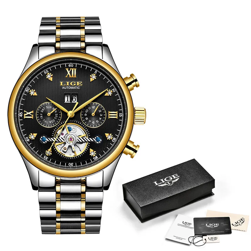 S Rose Gold black LIGE Новые Мужские часы Мужские Топ брендовые Роскошные автоматические механические часы мужские водонепроницаемые полностью стальные часы бизнес класса Relogio Masculino - Цвет: S Rose Gold black