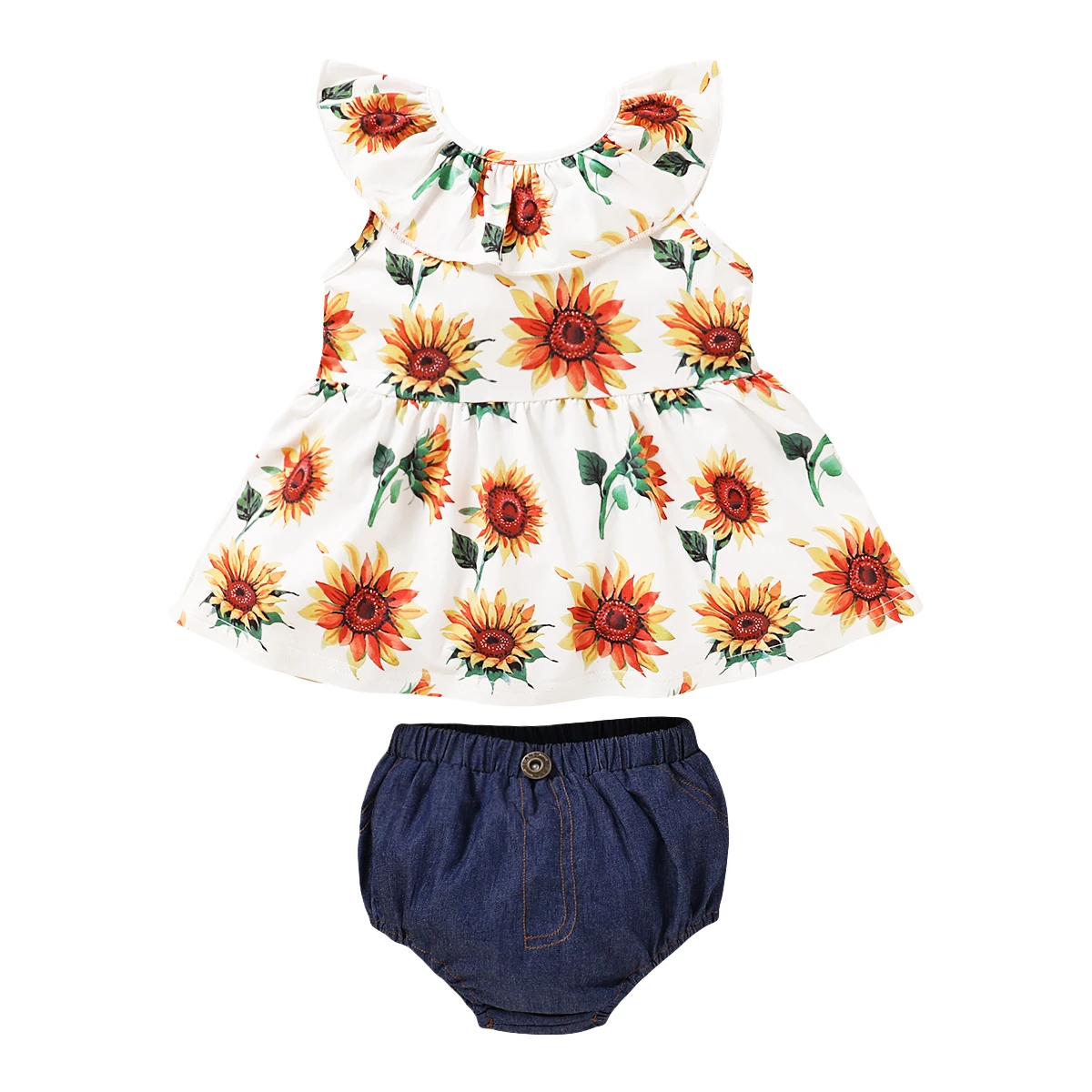 

Baby Girl Fashion 2 Pcs Sunflower Sets Ruffle Round Neck Sleeveless Babydoll Top + Denim Short Pant Outfits
