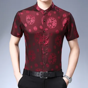 

Jacquard Shirts Mens Clothing 2020 Summer Fashion Chinese Shirts Mens Silk Stand Collar Shirts Red Mens Mandarin Collar Dress
