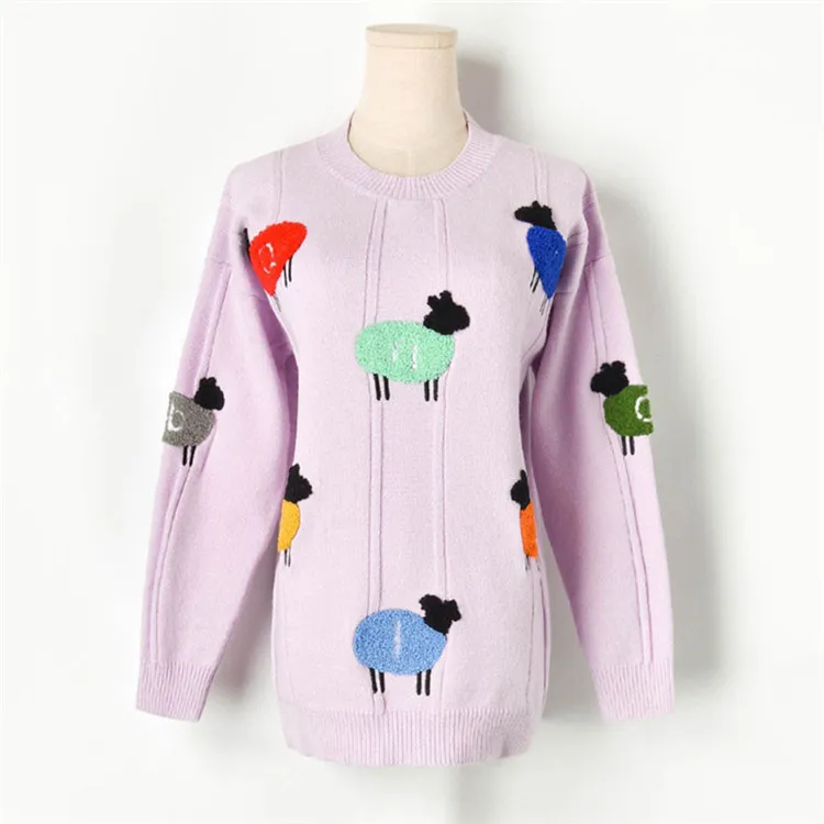 Зимний свитер женский длинный рукав Милая мультяшная овечка свитера Женский вязаный пуловер Джемпер Pull Femme Sueter Mujer - Цвет: purple