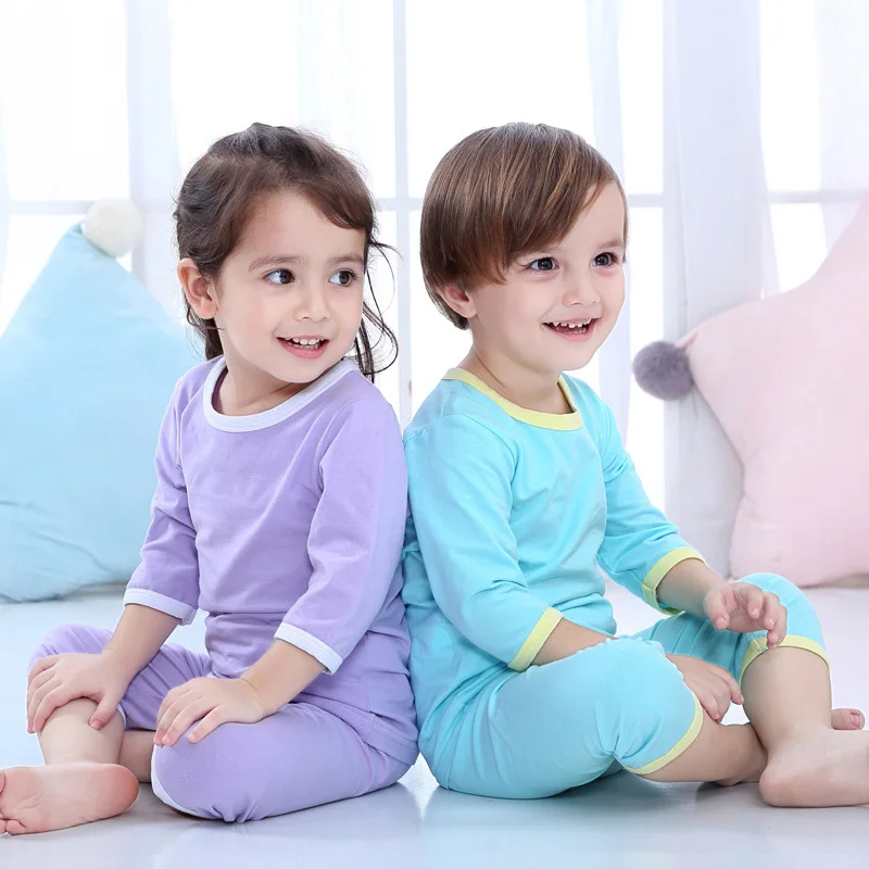 

Children'S Baby Pajamas Cotton Moisture Wicking Five-Point Sleeve Cropped Trousers Round Neck Solid Children'S Baby Pajamas